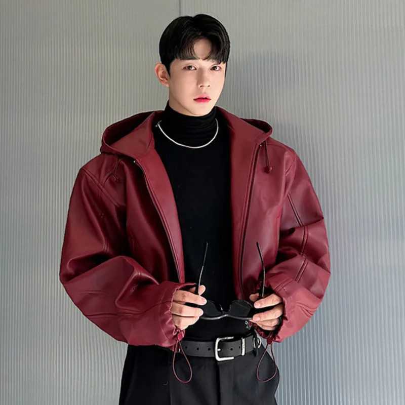 IEFB American Style Mens Jackets Casual Pu Leather Drawstring Hooded Solid Color Loose Male Coats Personalized Autumn 9C7986T250311
