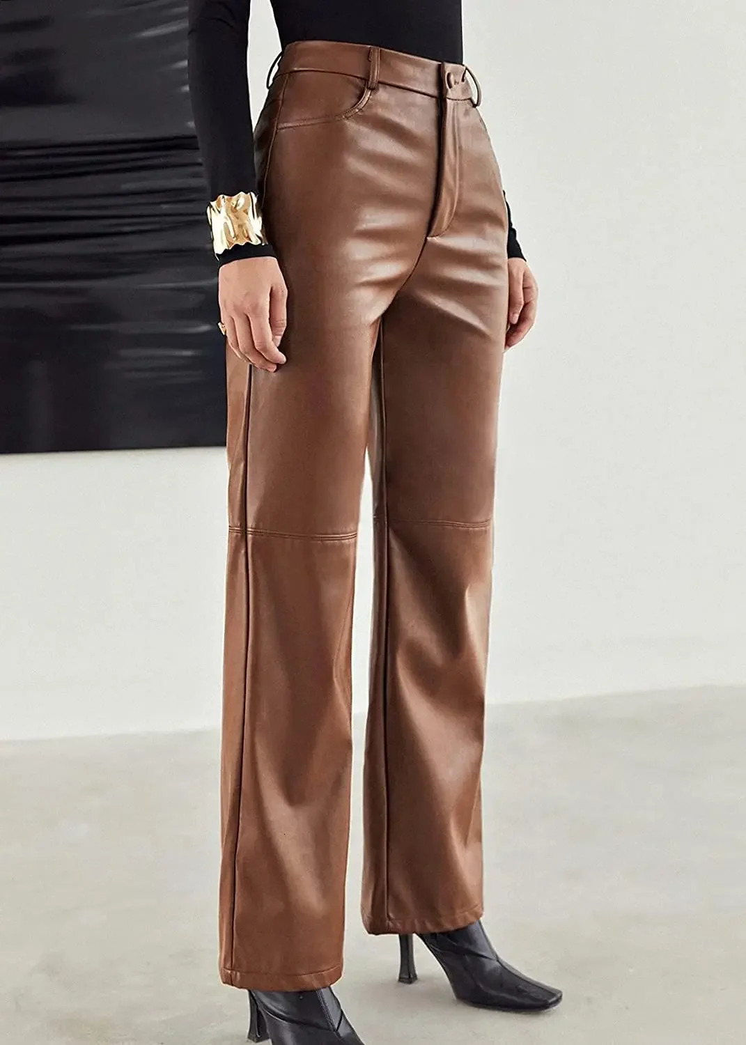 Womens Leather Pants High Waist Straight Slimming Side Pockets Solid Color Casual Party Fall Trousers Spring Autumn Clothes 250305