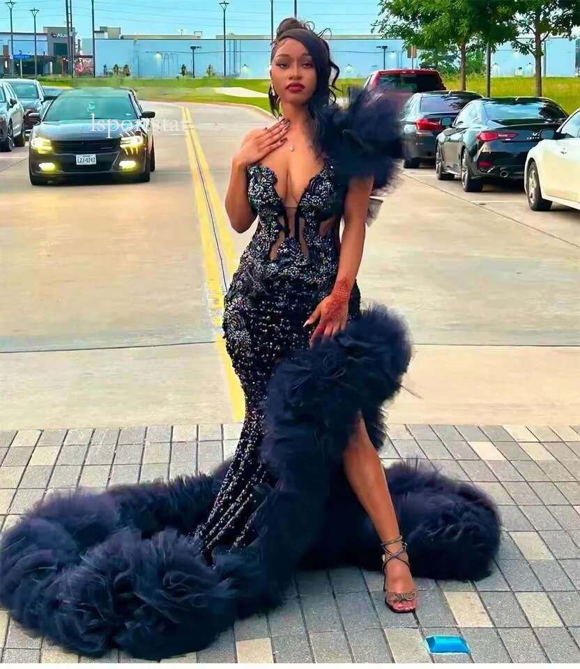 Fancy Black Sequin Prom Dresses Tulle Split Rhies Aso Ebi Mermaid Dress Woman 2025 African Party Customized