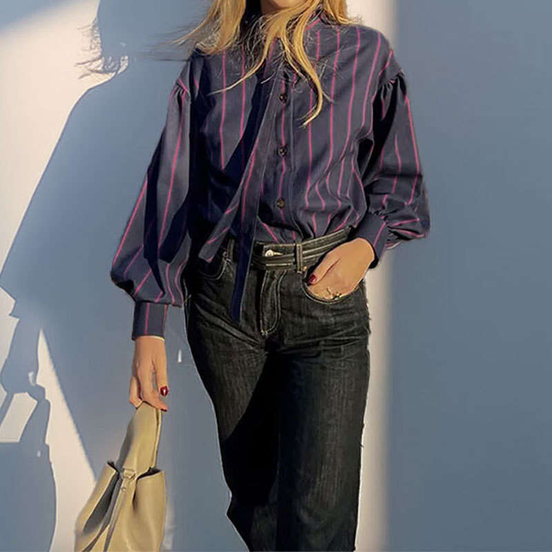 Spring 2025 New Women's Clothing Style Lantern Sleeves Striped Lace Up French Shirt Top For Women KLMY