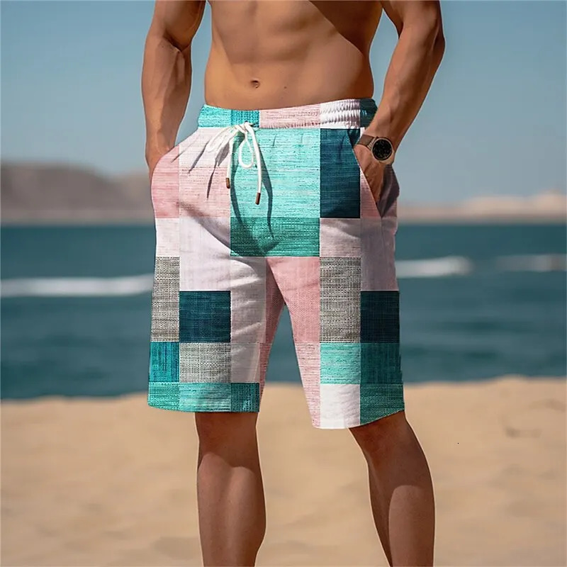 Summer Hawaiian Beach Shorts Holiday Casual Colorful Plaid Print Sportswear Quick Drying Trunks Ice Shorts Hawaii Swimsuit 250310