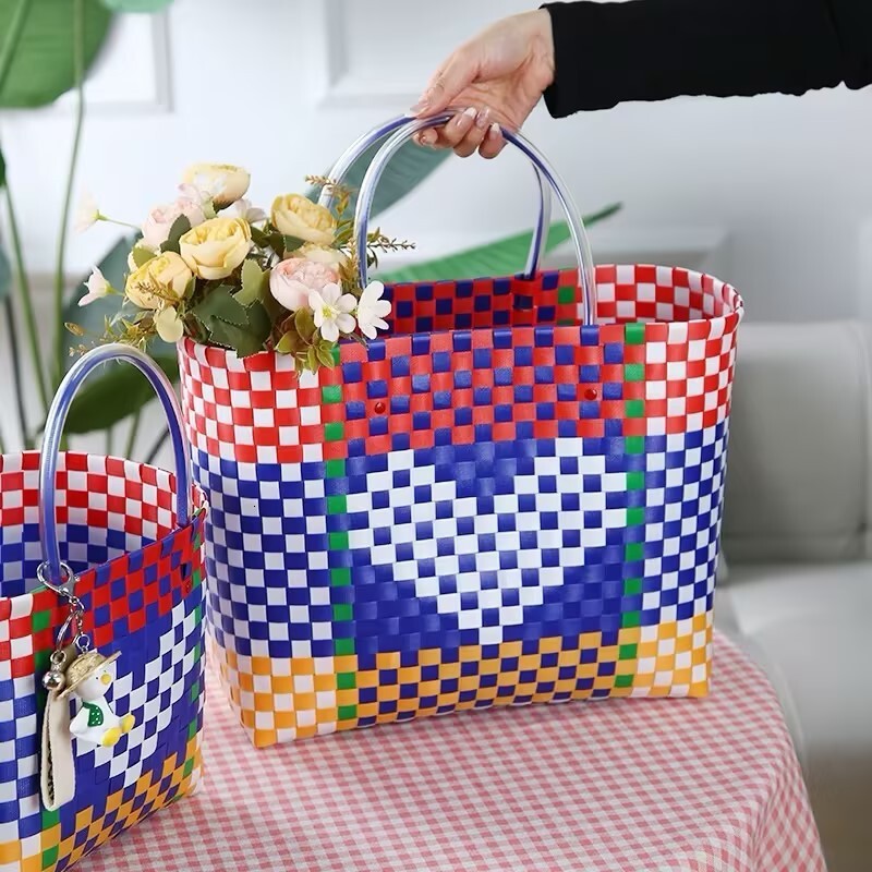 Hand-Woven Bag, Large-Capacity Love Women's Handbag, Grocery Shopping Blue, Open Plastic Bag.