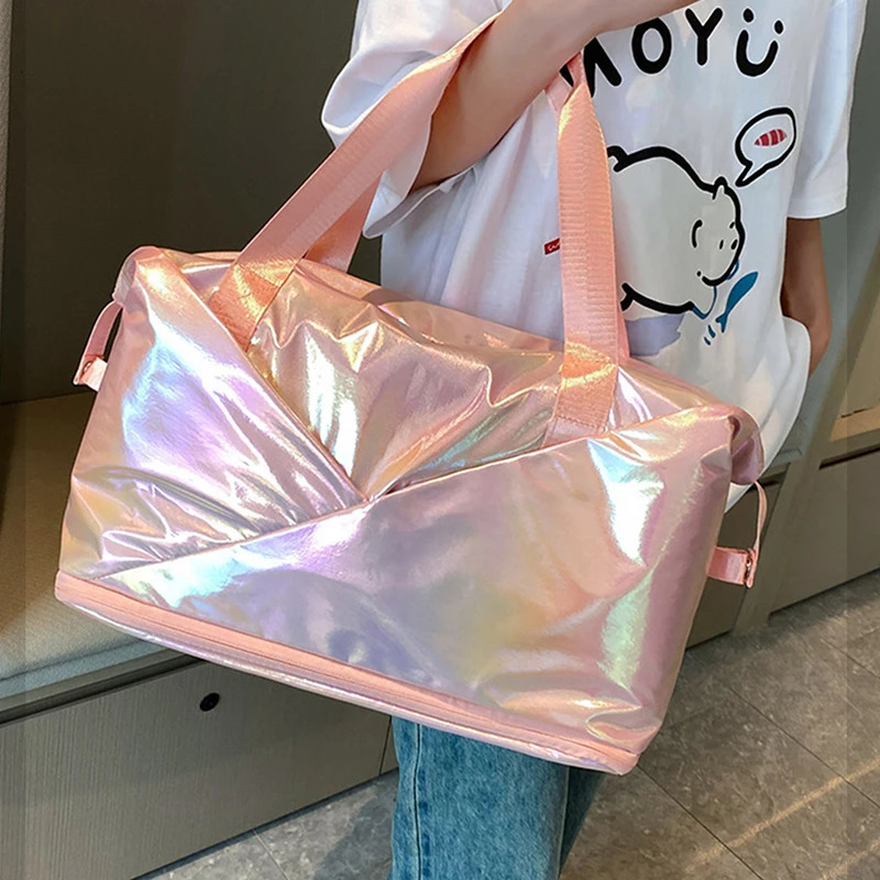 Womens Laser Colorful Large Capacity Folding Travel Luggage Storage Bag Sports Gym Yoga Handbags Waterproof Shoulder Bags 250311
