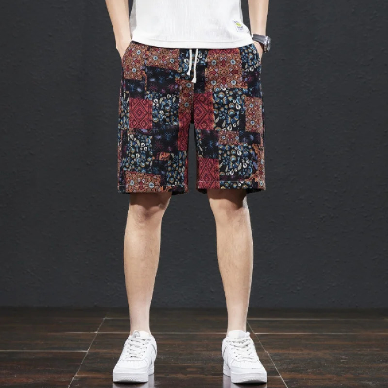 Beach pants mens summer thin ethnic style printed capris trendy loose elastic breathable s shorts 250310