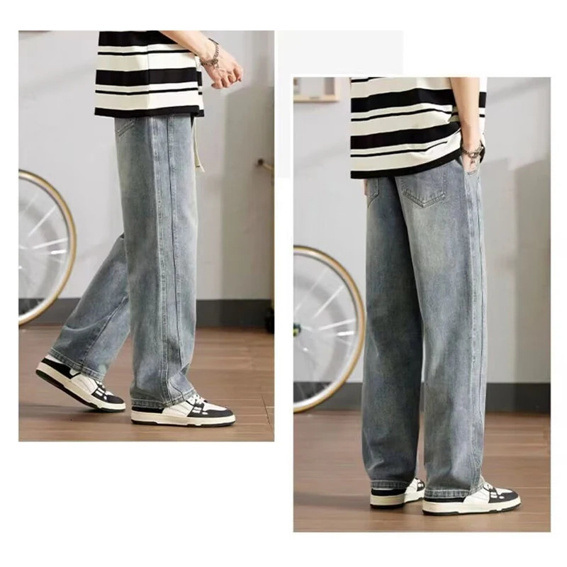 Spring Autumn Mens Stylish Sports Casual Denim Pants Baggy Wide Leg Streetwear Trousers Classic Elastic Waist Jeans 250311