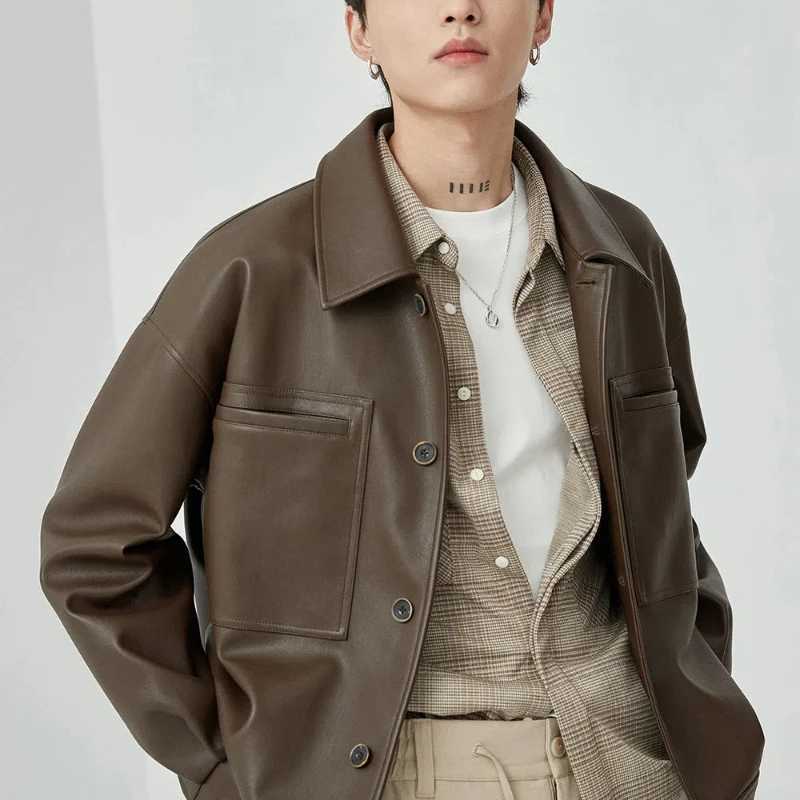 Autumn Winter Fashion Turn-down Collar Long Sleeve Solid Retro Leather Jackets Mens Clothing Rib Sleeven Korean All-match TopsT250311
