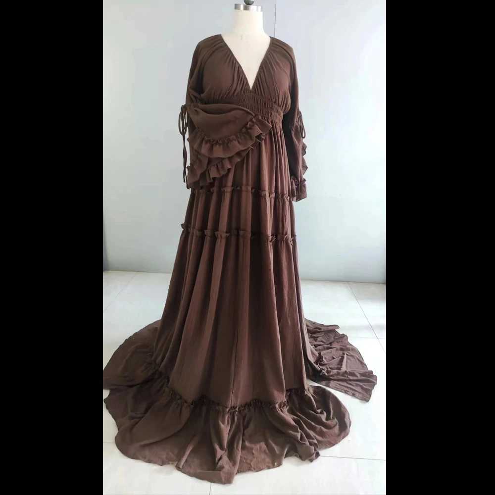 Maternity Dresses For Photoshoot Bohemian Photography Linen Cotton with Deep V-Neck Ruffled Lace Long Sleeves X250224
