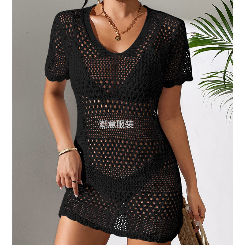 New Women's Sexy Hollow Short Sleeved Casual Bikini With Swimsuit Cover, Beach Sun Protection Shirt