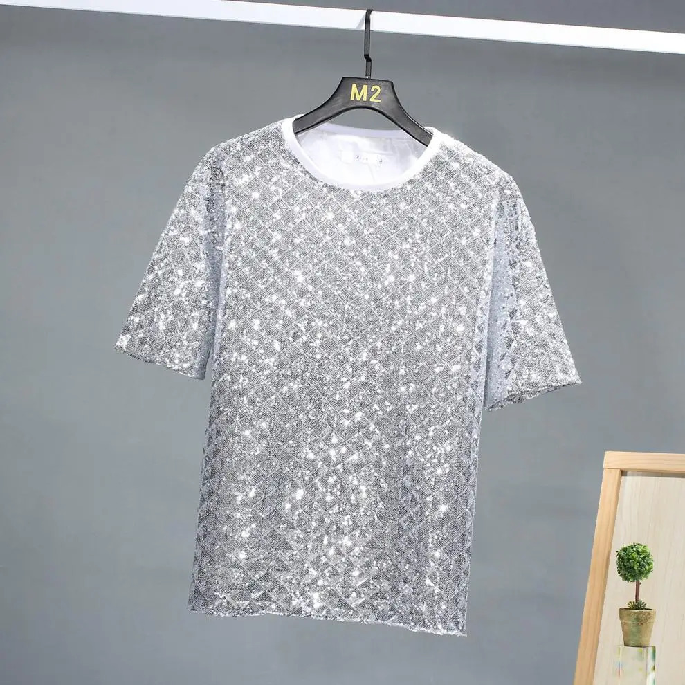 Summer Colorful Shiny Sequin Short Sleeve T Shirt Men Street Casual Hip Hop Tees Tops Stage Performance Costume 250310