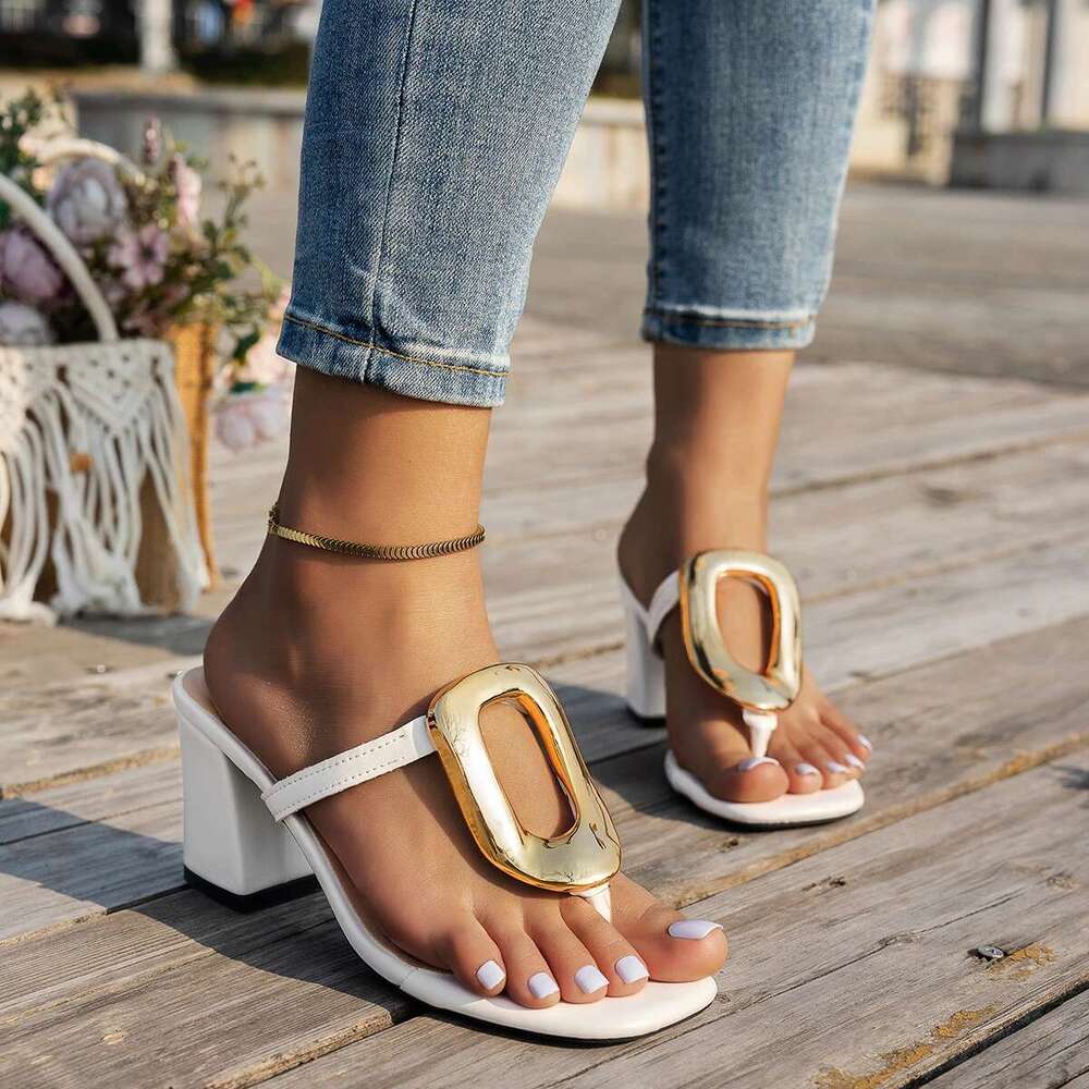Beach Flip Summer ps Fashion Metal Slippers Flats Sandals Casual Slip on Shoes 2025 New Slides Women