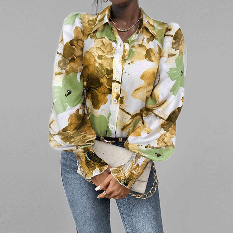 2025 Spring New Women's Flip Collar Bubble Long Sleeve Loose Printed Shirt For Women KLMY