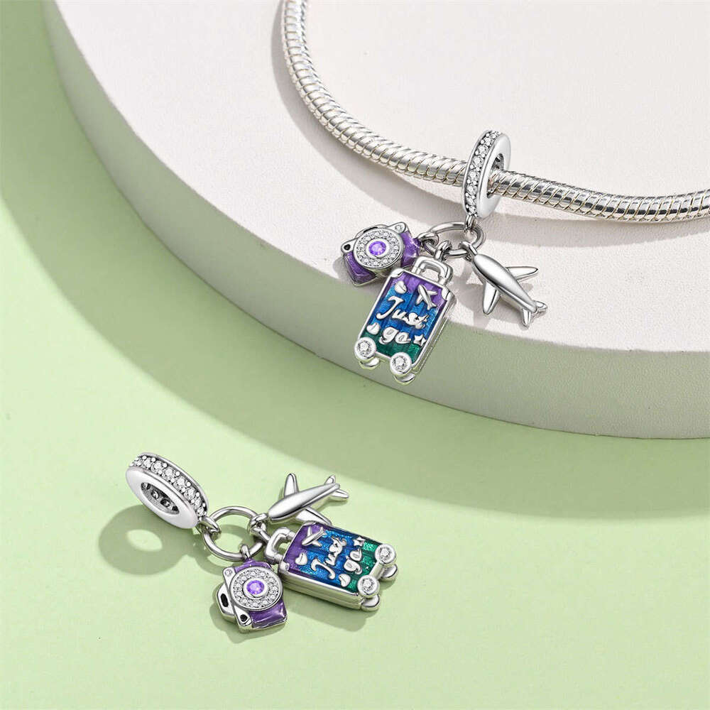 Summer Ocean Travel vacation airplane Charms Retro Luggage beads DIY jewelry 925 Sterling Silver bracelet for women gift