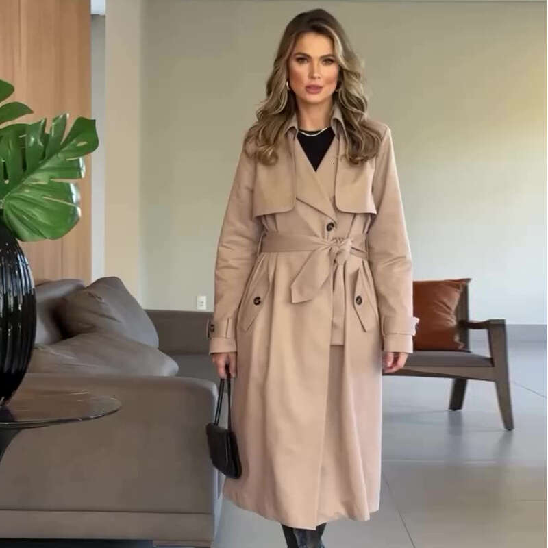 2024 Autumn New Women's Clothing British Style Solid Color Slim Fit Medium Long Versatile Trench Coat