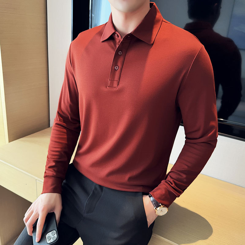 Long sleeved polo shirt, business casual lapel T-shirt, high-end sense, autumn and winter solid color trendy men's clothing tracksuit