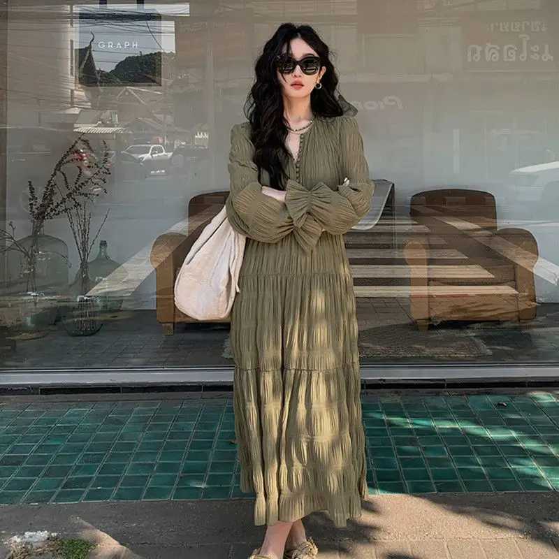 Korean Style 2025 Spring Loose Elegant Maternity Dress Ruffled Long Sleeve Pregnant Woman Mermaid Dress Sweet Pleated DressesT250311