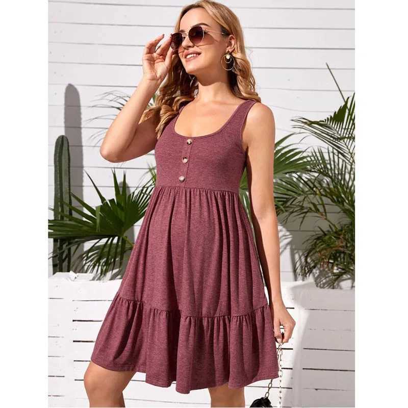 Maternity Button Dress Maternity Clothes Summer Casual Pregnant Women Sleeveless V-Neck Dress Vestidos Pregnancy ClothingT250311