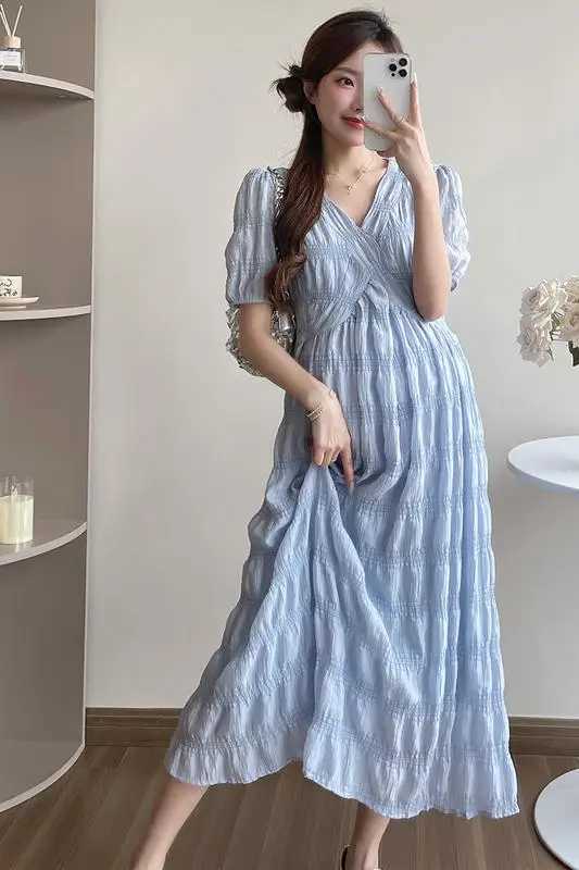 French Style Summer Maternity Pleated Dress High Waist V-neck Short Sleeve Pregnant Woman Elegant Dress Pregnancy Clothes LooseT250311