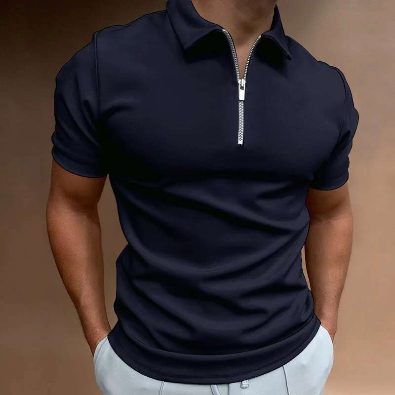 Summer Men's Solid Color Polo Shirt Short Sleeve Turn-Down Collar Zipper Tshirts &For Men Casual Streetwear New Male Tops