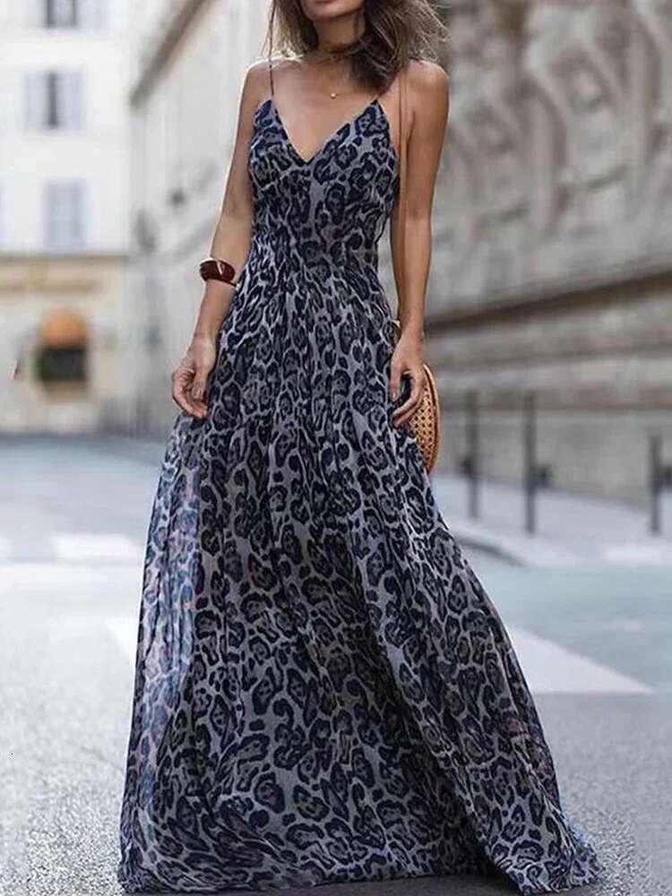 Sexy V Neck Leopard Print Sg Summer Elegant Off Shoulder Long Party Fashion Women Wrap Waist Slim Robe Dress