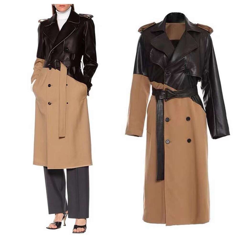 Autumn And Winter New Leather Patchwork Trench Coat With Temperament, Tie Up Waist, Double Breasted Buttons, Knee Length Jacket For Women