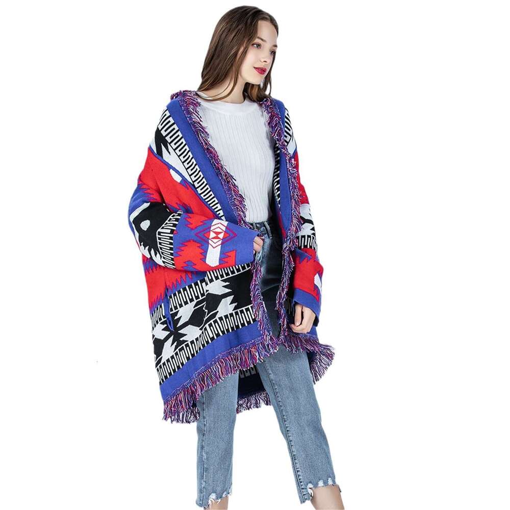 Minority Bohemian Ethnic Style Cardigan Sweater With Contrasting Jacquard Mid Length Tassel Jacket