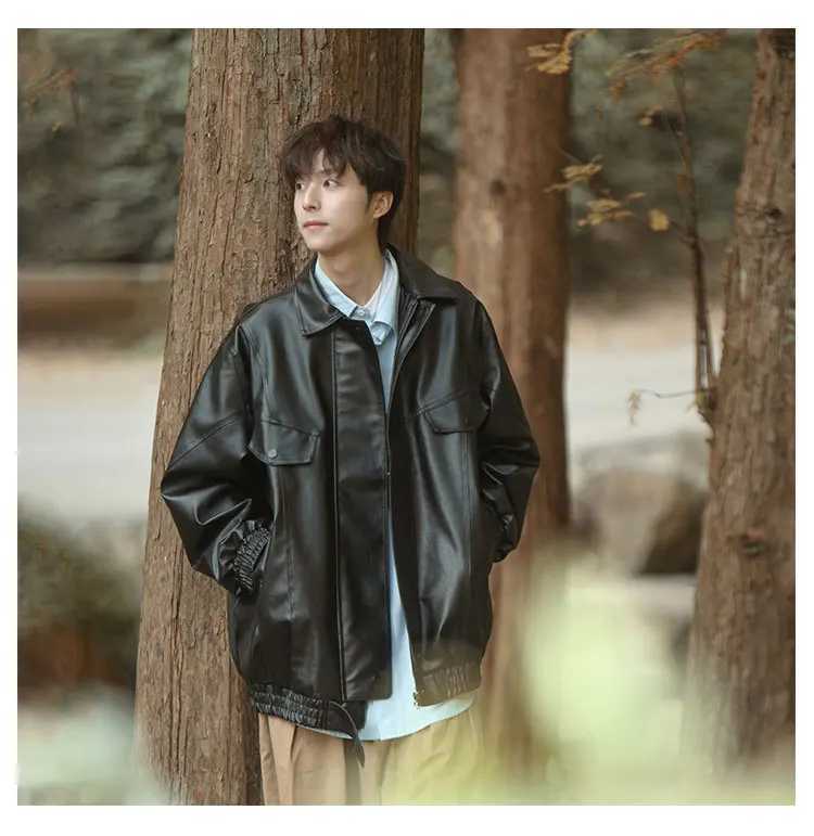 Mens Bomber Zippered Leather Jacket Mens Casual Street Multi Pocket Work Jacket Slim Fit Pilot Baseball Suit Mens ClothingT250311