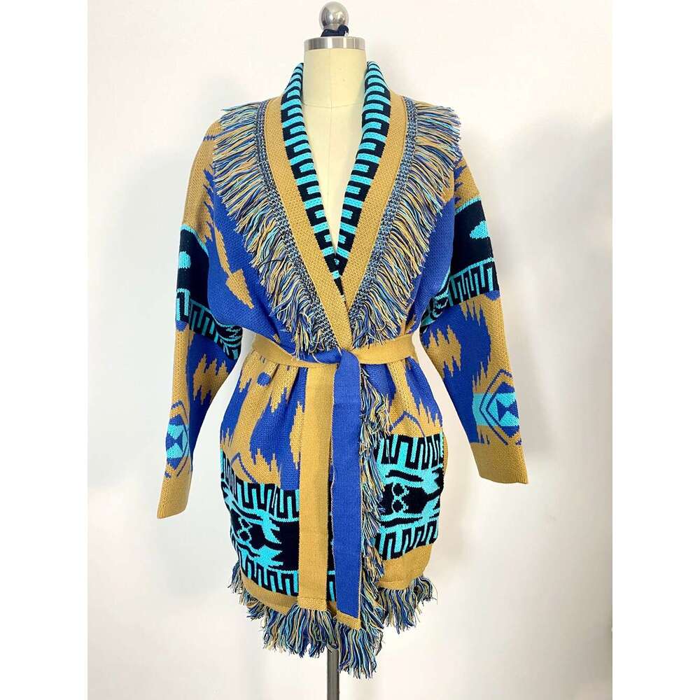 Autumn Winter Long Sleeved Wool Blended Knitted Sweater, Loose And Thick Bohemian Jacquard Cardigan Jacket