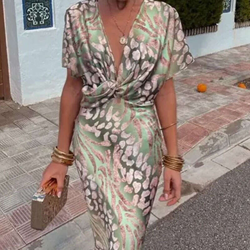 2025 Women's Fashion Tight Printed Twisted Mid Waist Sexy V-Neck Spring Dress KLMY