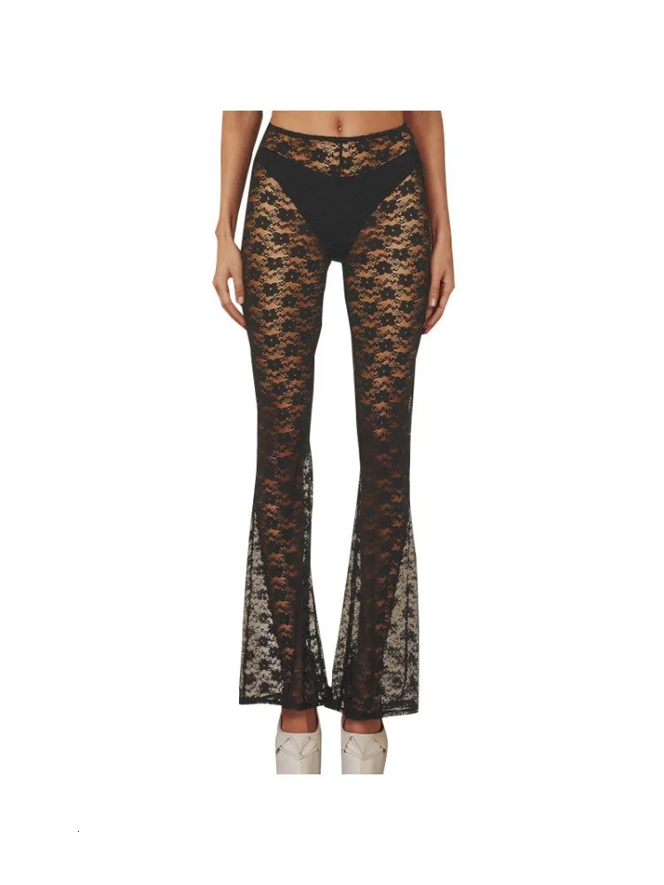 Sexy Flared Wideleg Pants for Women Small Floral Lace Versatile Highelastic Seethrough Casual Trousers 250310
