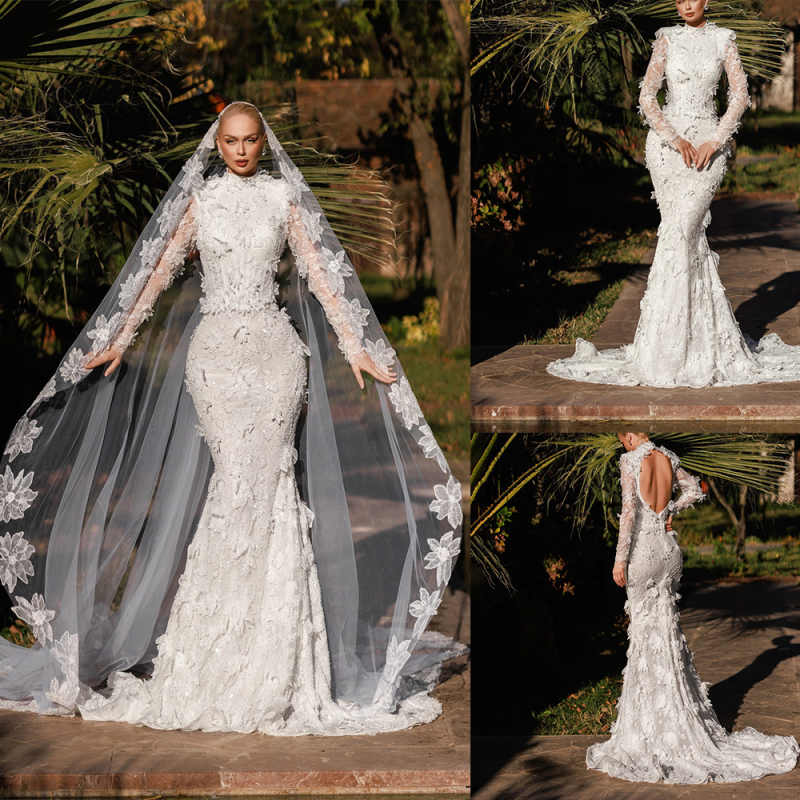 Graceful Mermaid Wedding Dresses Crystal Bridal Gowns Appliques Full Sleeve Backless Sweep Train Customized Bride Dress vestido de novia
