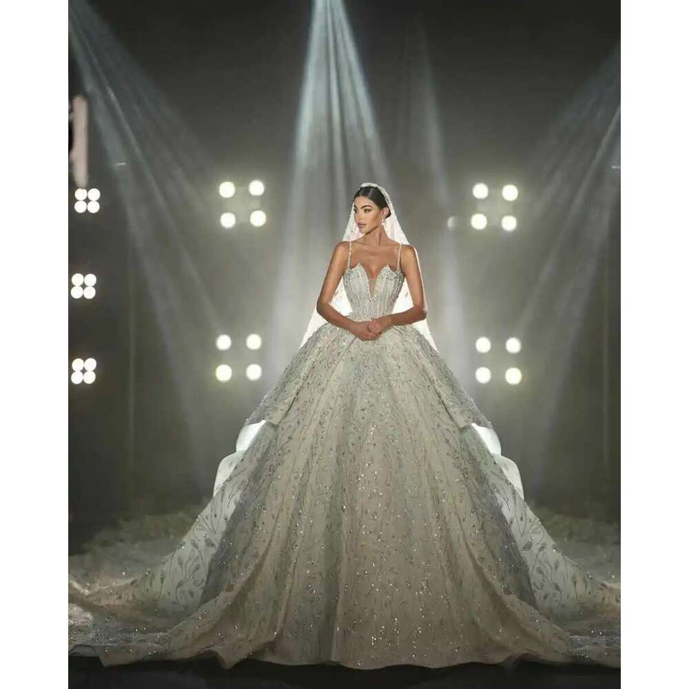 Sexy spaghetti strap dress graceful sleeveless sequins lace custom glitter wedding dresses robe de