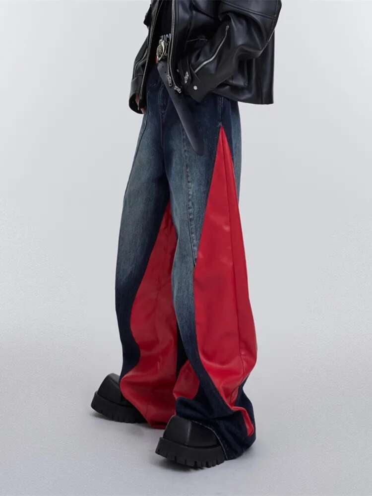 2025 New Product Launch Y2K Street Wear Red Pu Leather Patch Loose Jeans Men s Pants Fashion Designer Wide Leg Loose Casual Pants Cowboy Pants Hip Hop