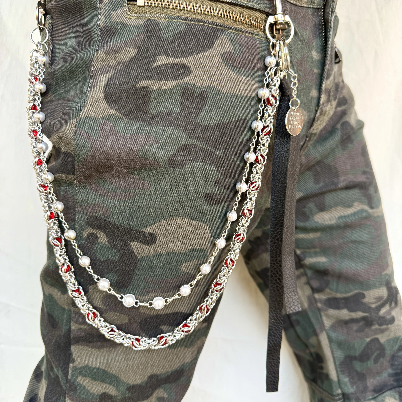 Hip hop punk style denim pants chain fashionable double-layer bead keychain accessory 250318