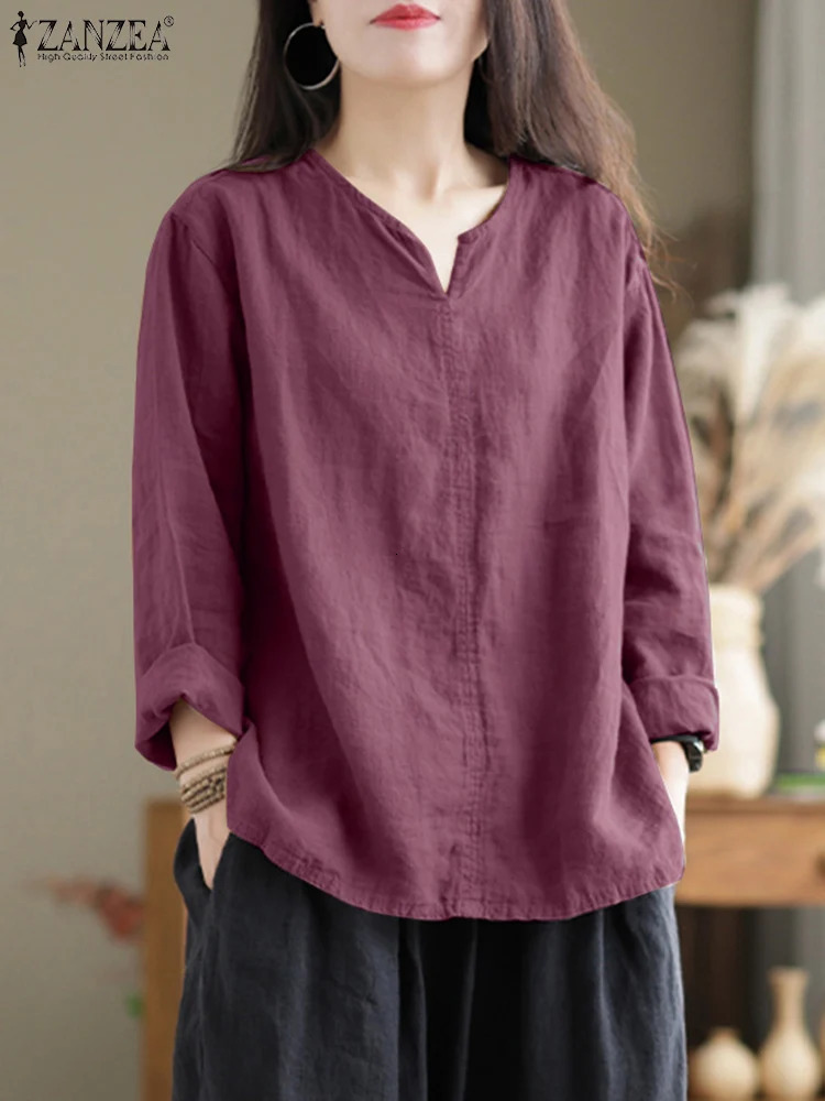 Vintage Women Cotton Blouse Spring V Neck Long Sleeve Tops ZANZEA Retro Solid Loose Shirt Female Work Tunic Blouses 250311