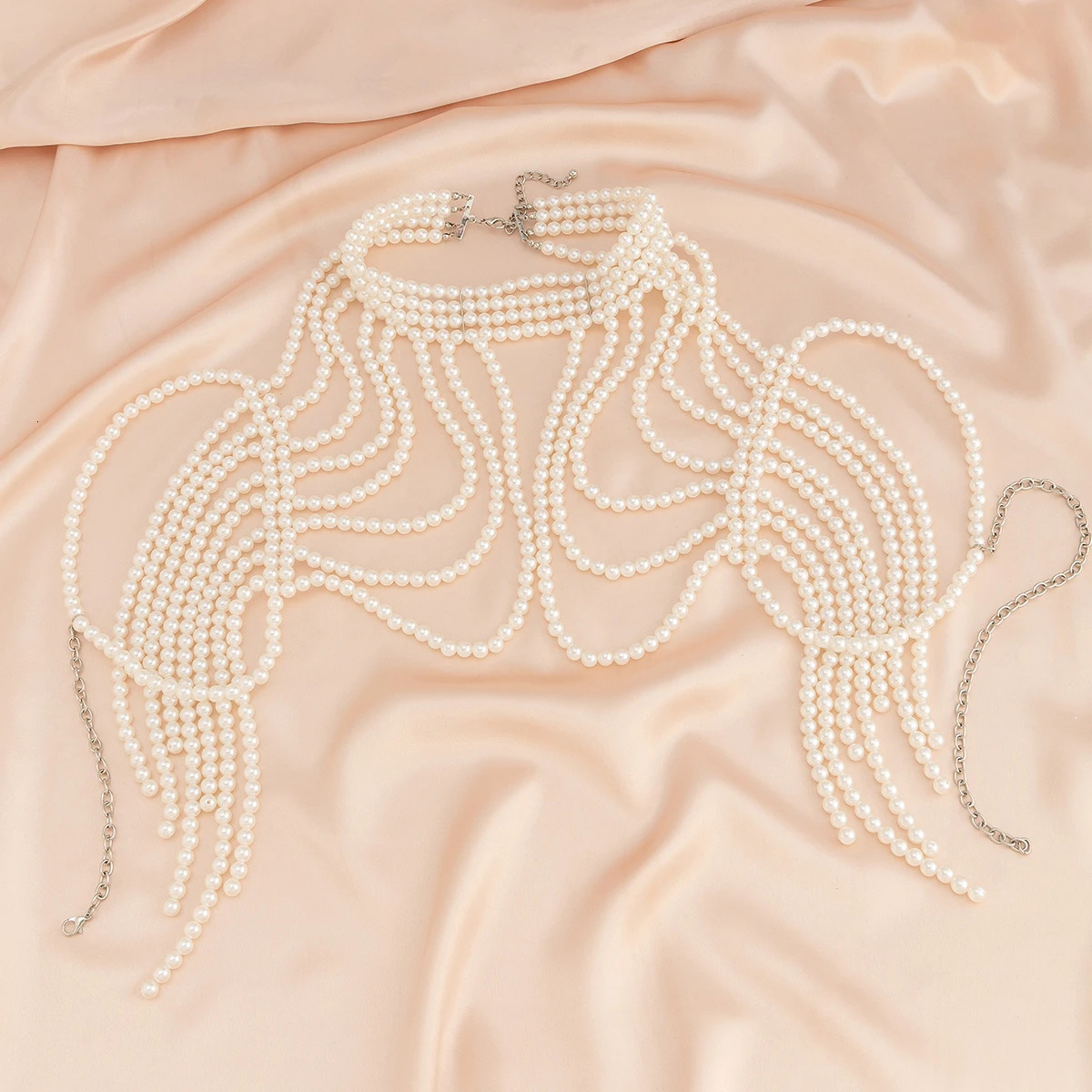 Ingemark Elegant Multilayer Imitation Pearl Shoulder Chain Necklace for Women Wed Bride Goth Tassel Neck Rave Party Body Jewelry 250303