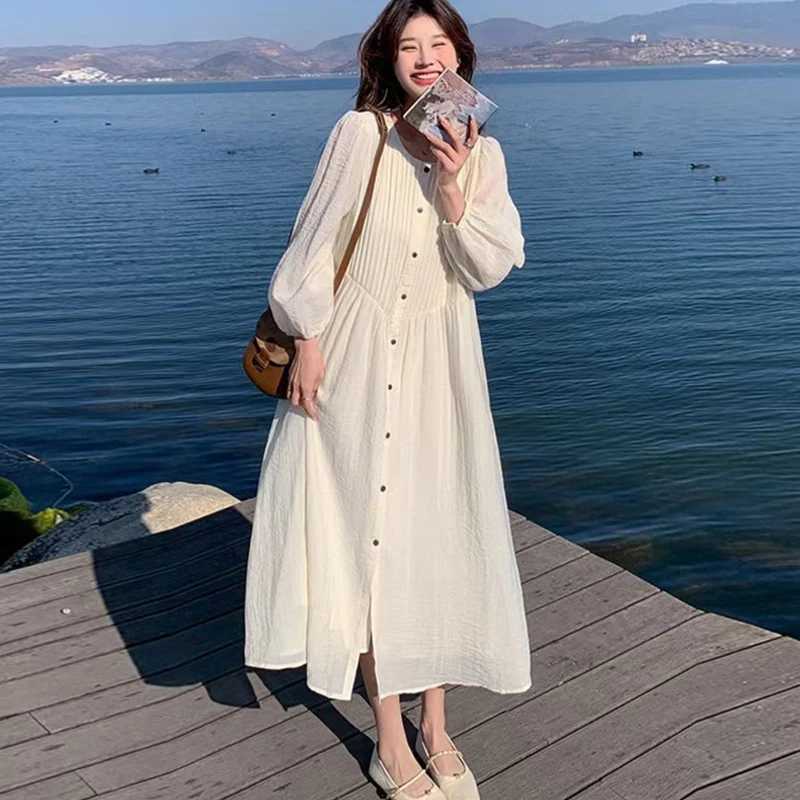 2025 Spring Maternity Holiday Clothes Plus Size Pregnant Woman Long Sleeve Beach Dresses Single-breasted Pregnancy Shirts DressT250311