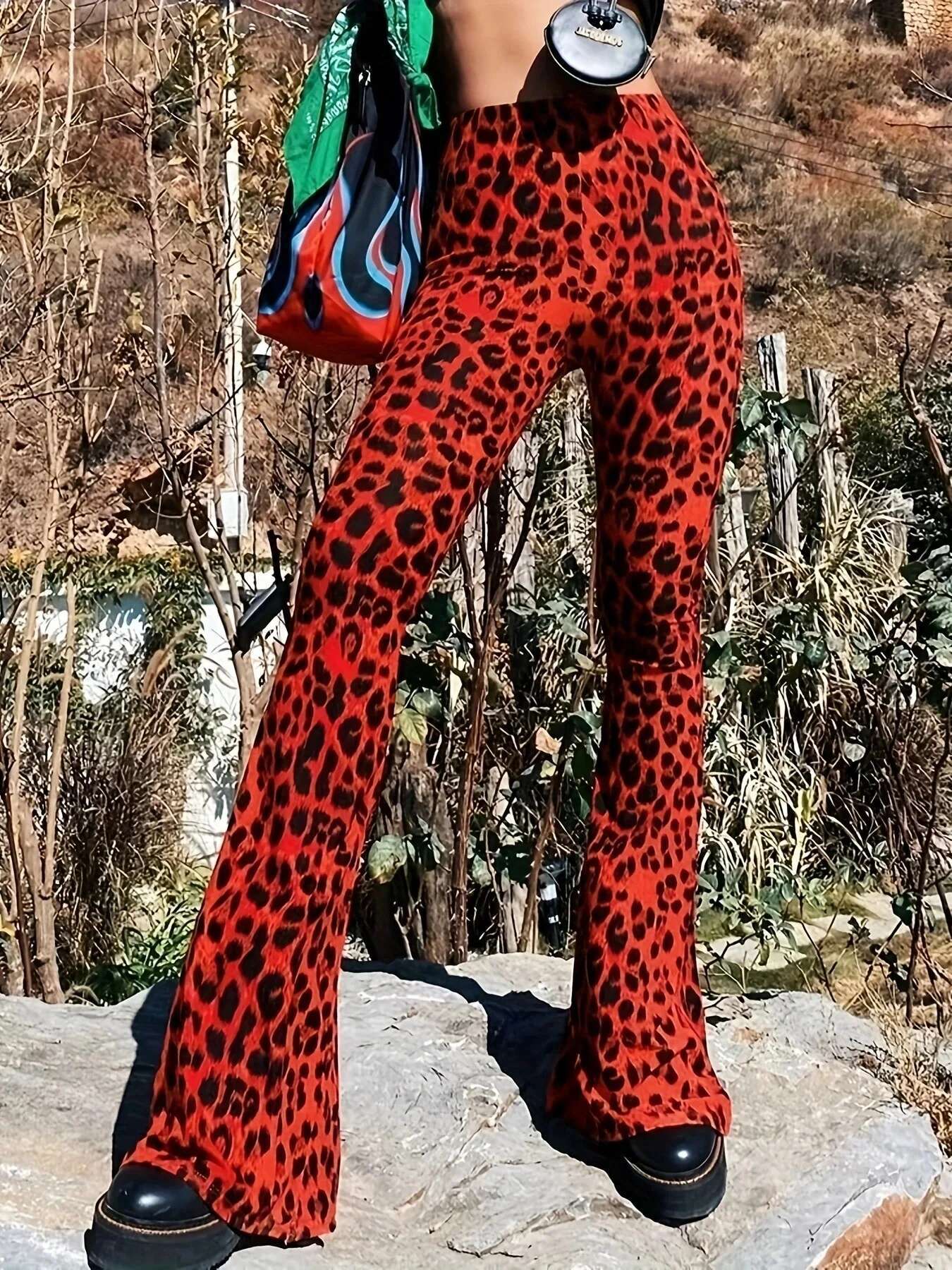 New High Waist Leopard Print Flare Pants Women's Stretchy Casual Streetwear Tummy Control Bootcut Trousers Elastic Waistband