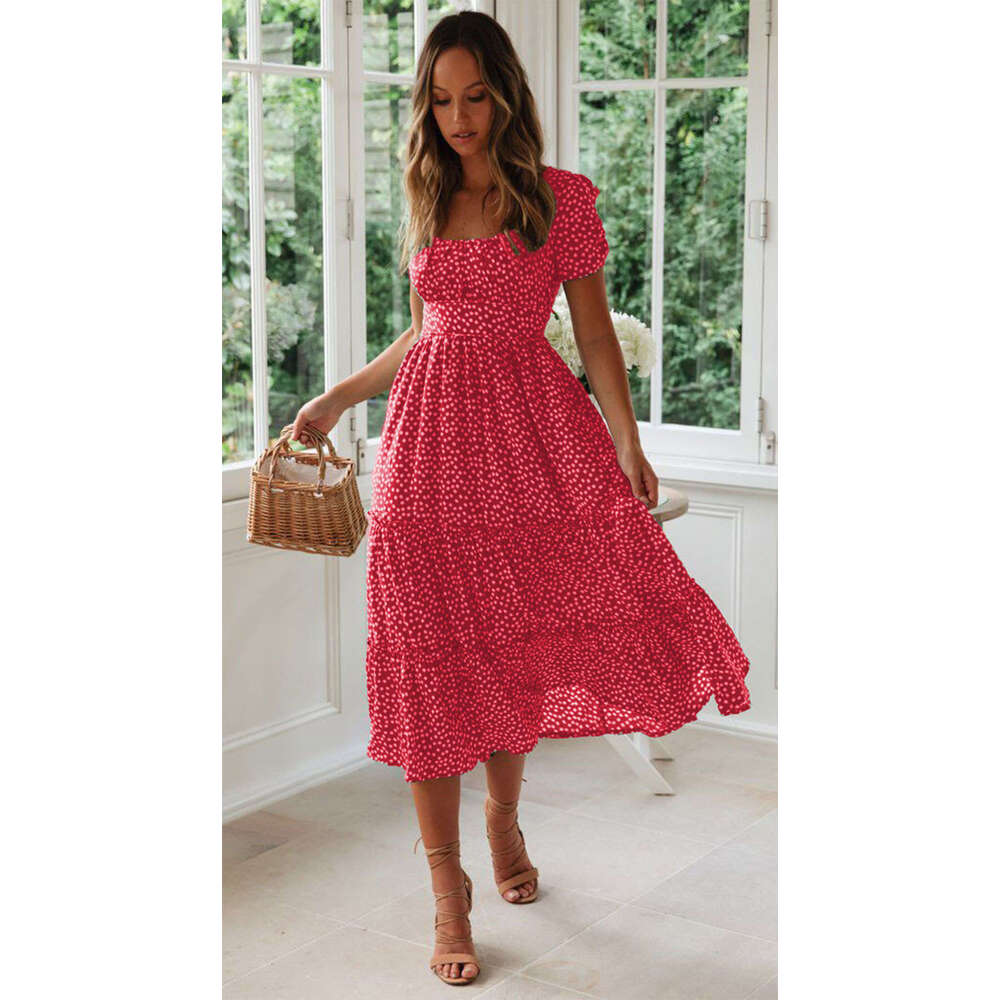 New popular square neck bubble sleeve ral dress from Europe and America, long skirt with versatile temperament for 2025, new trendy clothing ins