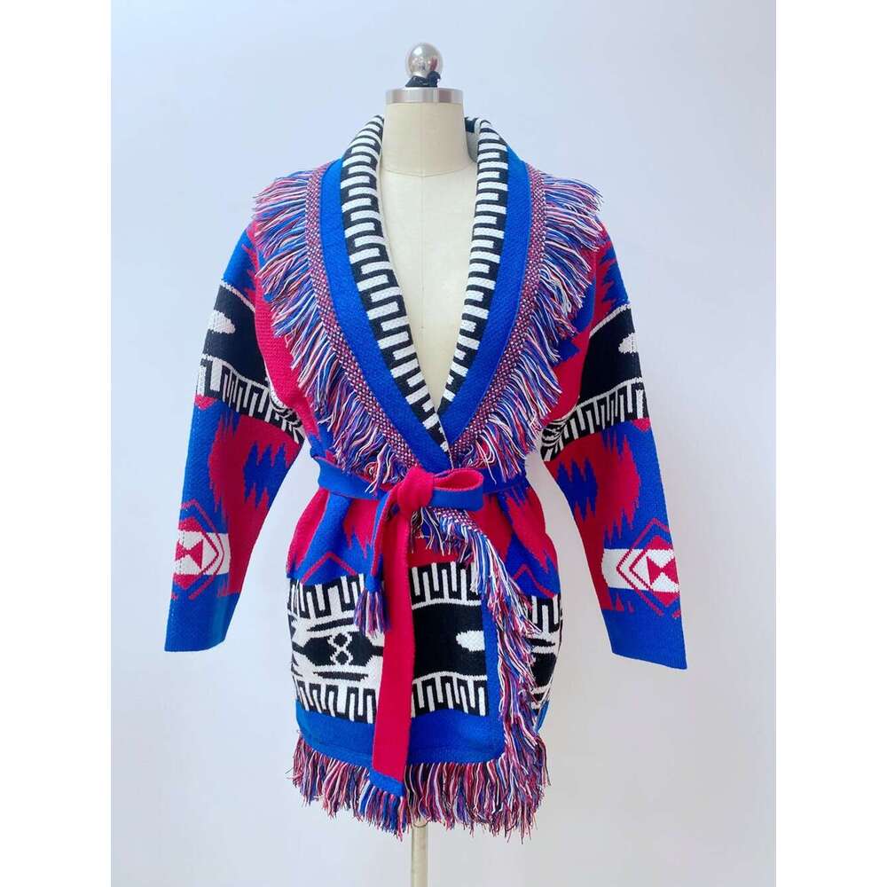 Minority Bohemian Ethnic Style Cardigan Sweater With Contrasting Jacquard Mid Length Tassel Jacket