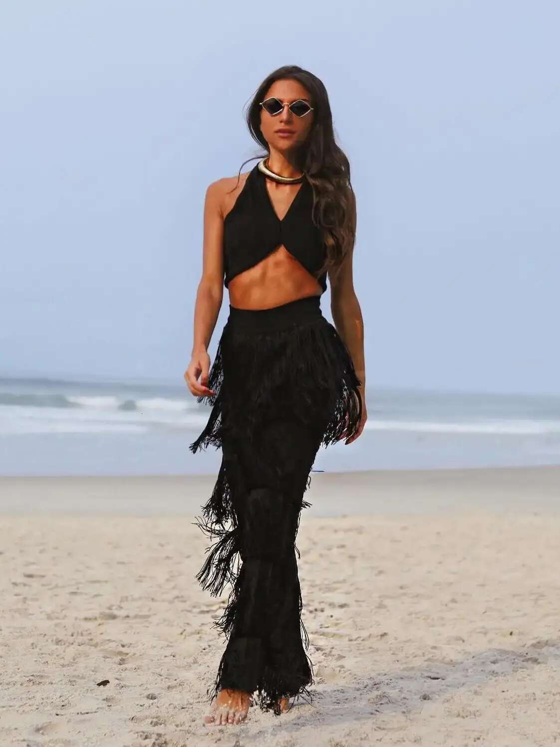 2024 Sexy New In Women Fringed Multi-Layer Solid Color Dance Trousers Tassels Party Pants Female Clothes Plus Size