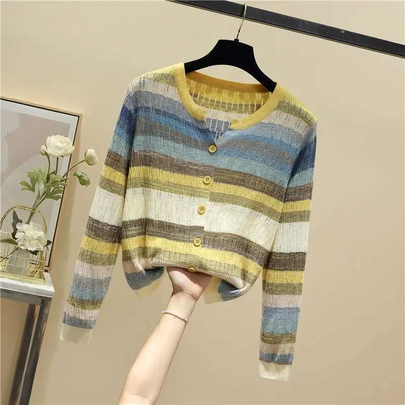 Rainbow Striped V-Neck Knitted Casual Chic Long Sleeve Women's Single Breasted Sweater Cardigan For Women Clothing