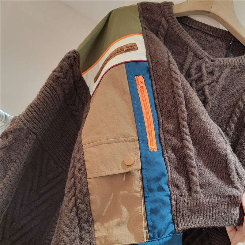 2023 Winter New Korean Soft And Lazy Top With A High-End Feel, Super Beautiful Fashion, Versatile Coffee Color Splicing Sweater