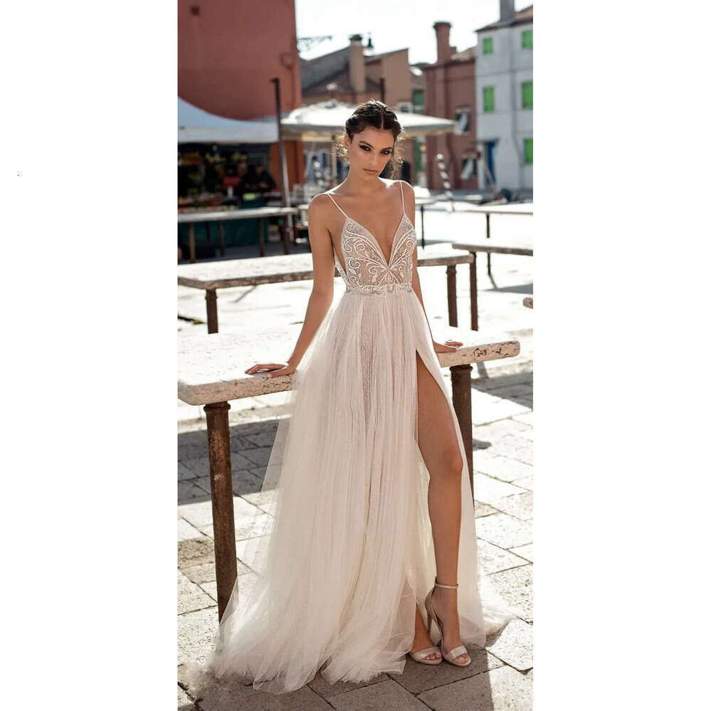 A Elegant E Wedding Dresses Side Split Spaghetti Sexy Illusion Boho Beach Vestidos De Novia Pearls Backless Bohemian Bridal Gowns