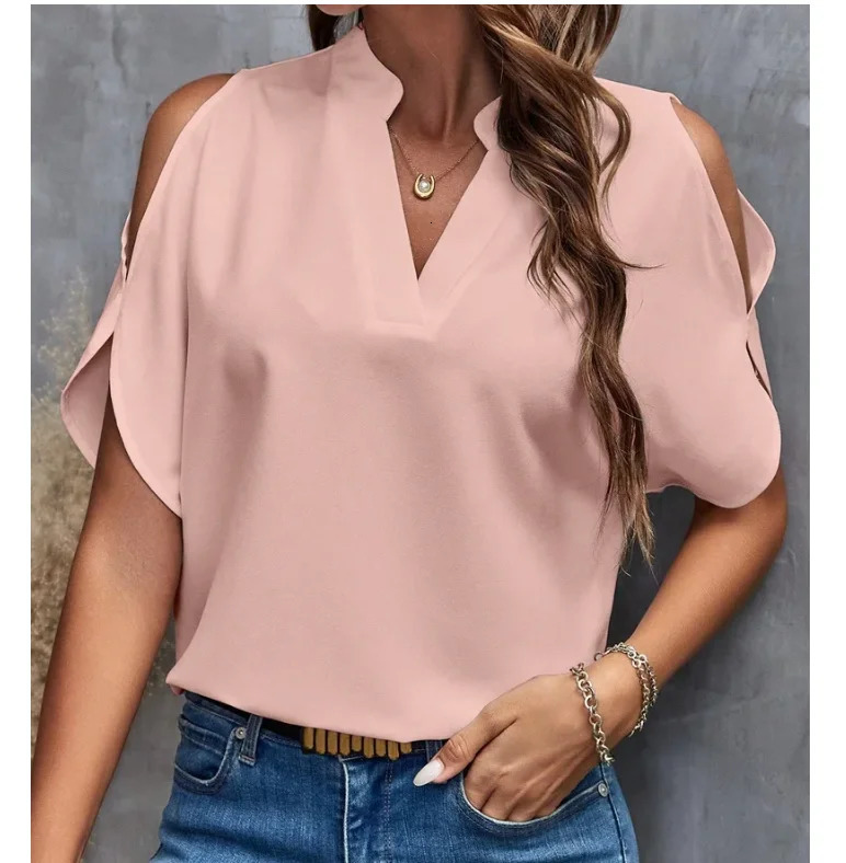summer and autumn womens blouse shirt fashionable Vneck Solid Tops Short sleeved clothing 250311