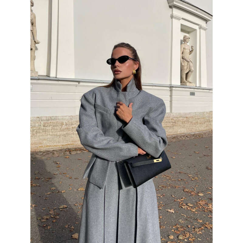 -Autumn And Winter New Fashionable Women's Waist Cinched Small Suit A-Line Length Half Skirt Two-Piece Set