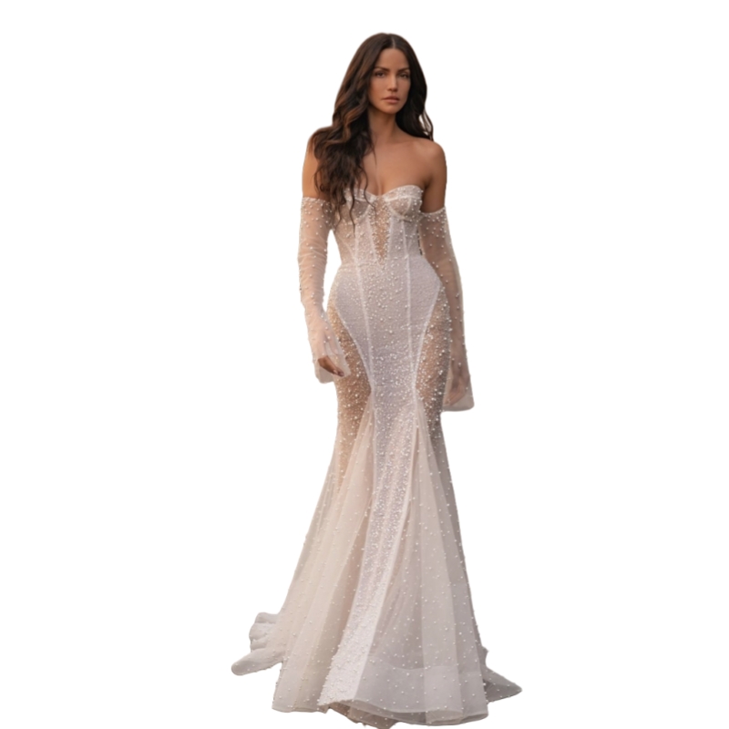 Sexy Transparent Mermaid Beach Wedding Dress With Pearls Beaded Long Sleeves Sweetheart Neckline Lace-Up Corset Boho Bridal Gown Shiny Sequins Vestido