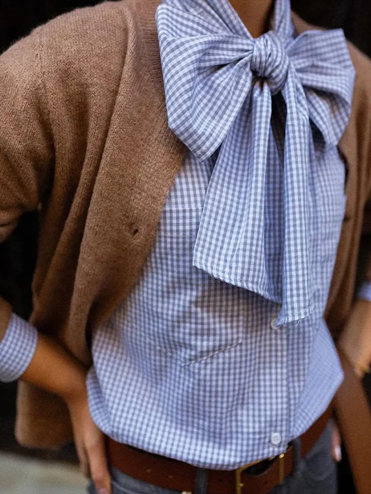 Vintage Plaid Bow Lace Up Collar Shirts Elegant Single Breasted Buttons Full Sleeves Pockets Blouse Women Spring Street Top 250311