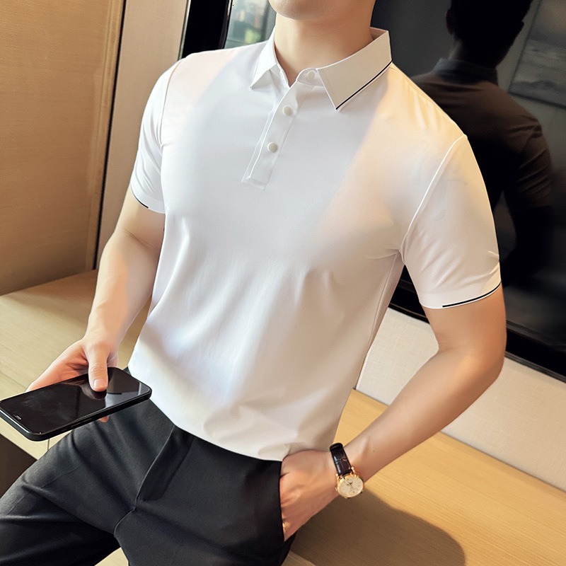 Non marking pressure glue free short sleeved polo shirt business high-end men's clothing, ice silk drape high elasticity nylon ammonia T-shirt fo