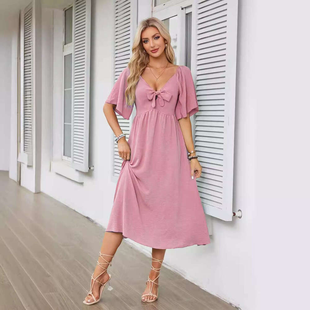popular European American women's V-neck bow pleated medium long short sleeved dress 2025 new style chic and elegant clothing