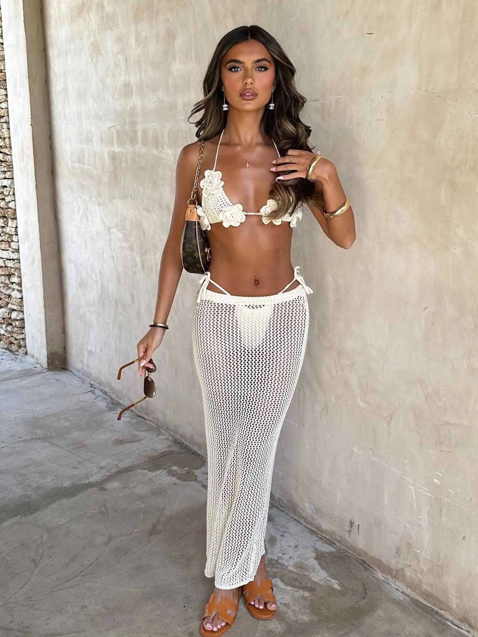 3 Piece Bikini Set 2025 Sexy Crochet Swimwear Ral Bathing Suit With Skirt Sheer Knit Beachwear Vacation Dresses Swimsuit K160
